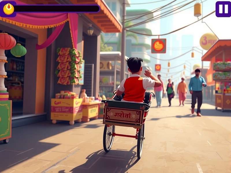 Spicy Sprint King Gameplay Screenshot Spicy Sprint King gameplay showing a character jumping over a rickshaw in a busy Indian market